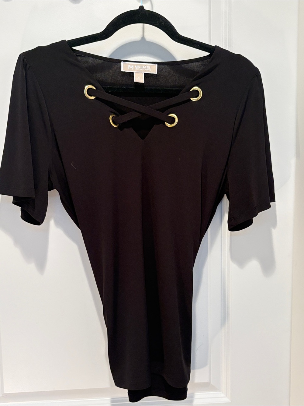 Michael Kors Black Short-Sleeve Lace-Up Top with Gold Grommets